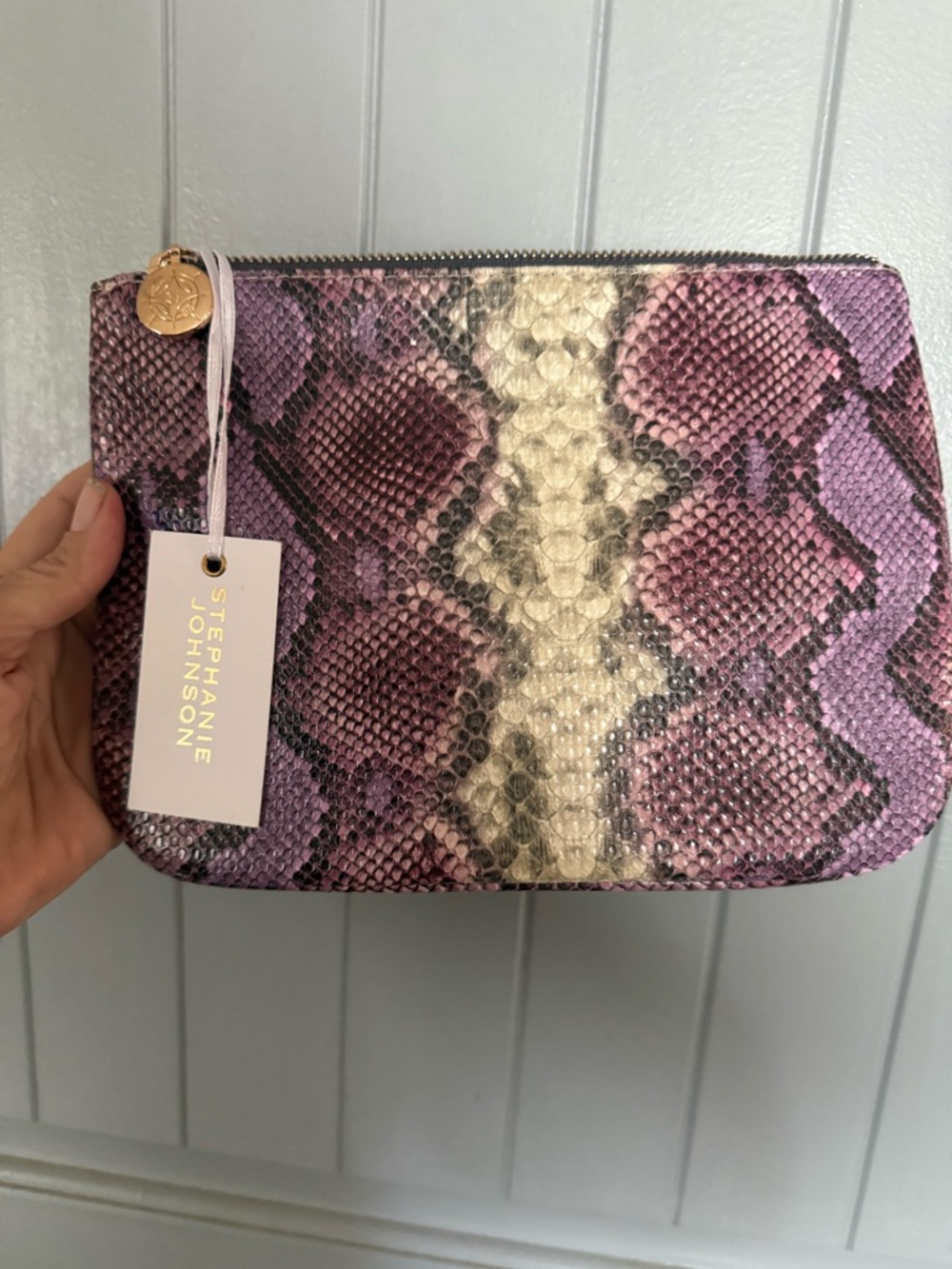 Stephanie Johnson Purple and Cream Snake-Print Cosmetic Pouch
